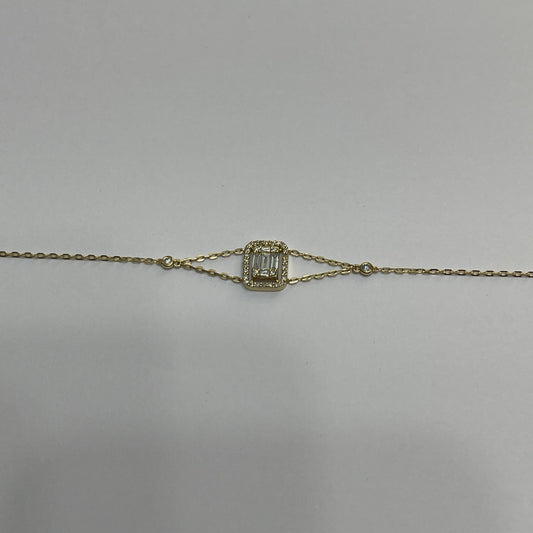 yellow gold baguette cluster 2 chain bracelet  - إسورة