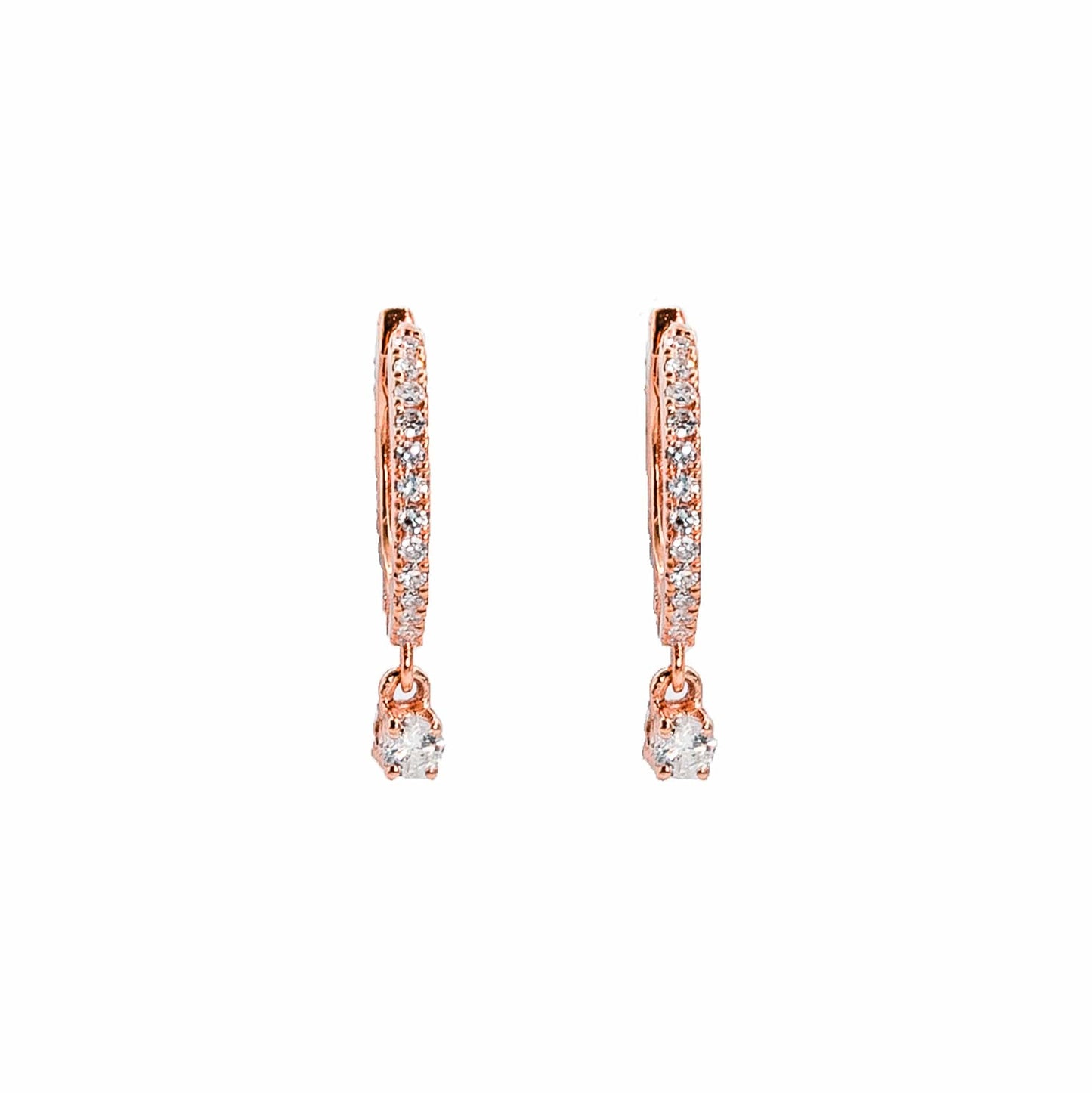 18k rose gold hoop huggies with hanging round diamond - أقراط