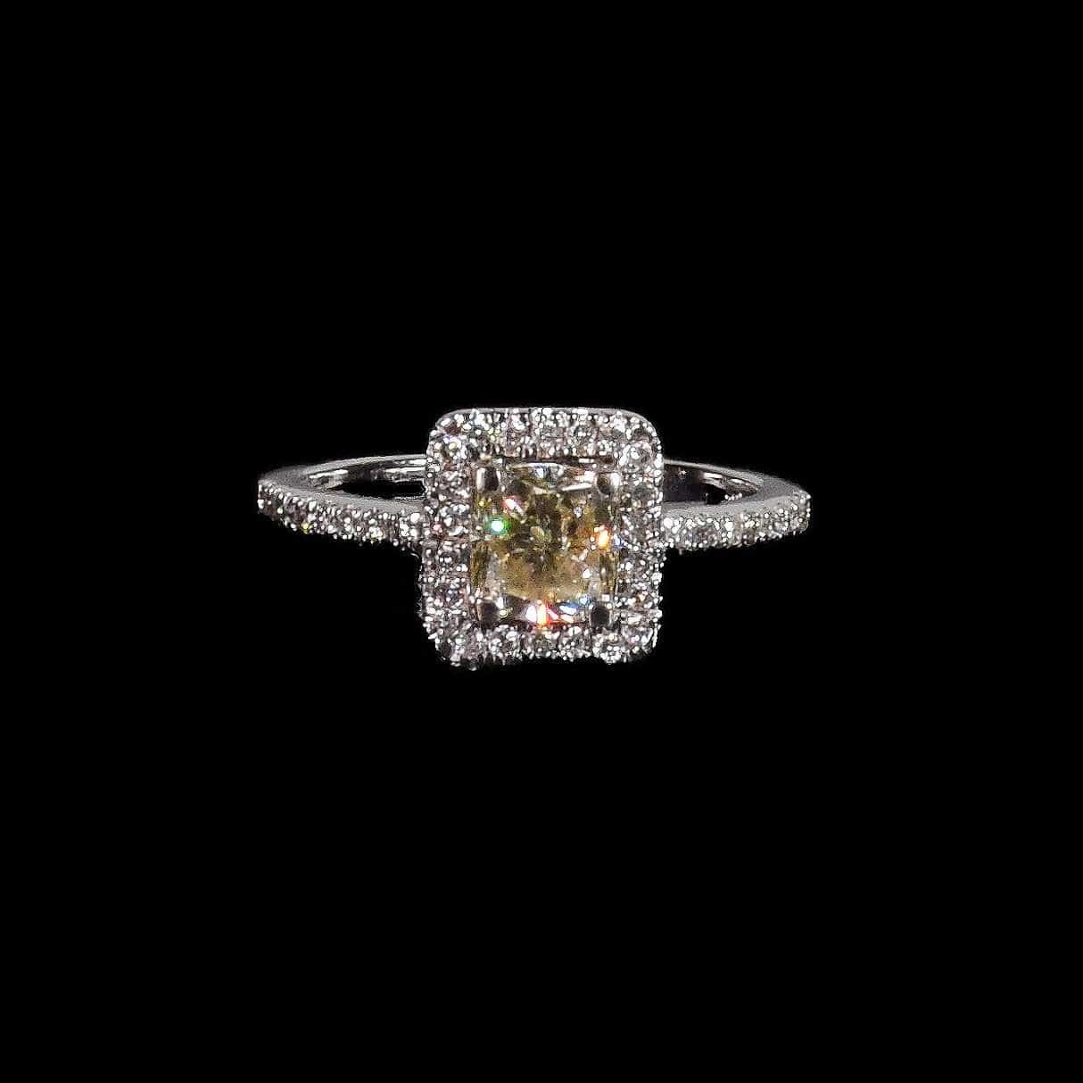 1.09 ct Light Yellow Cushion Cut Diamond Ring with Diamond Halo in 18k White Gold - saba diamonds