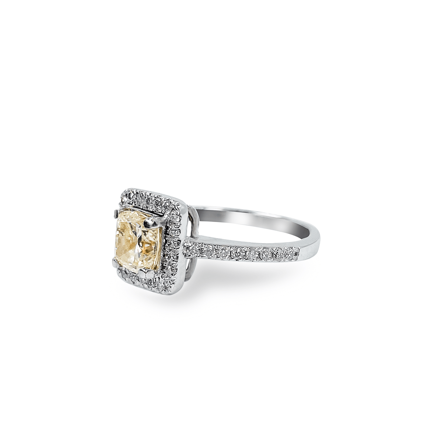 1.09 ct Light Yellow Cushion Cut Diamond Ring with Diamond Halo in 18k White Gold- جرس - Luxury Diamond Jewelry shop Dubai - SABA DIAMONDS