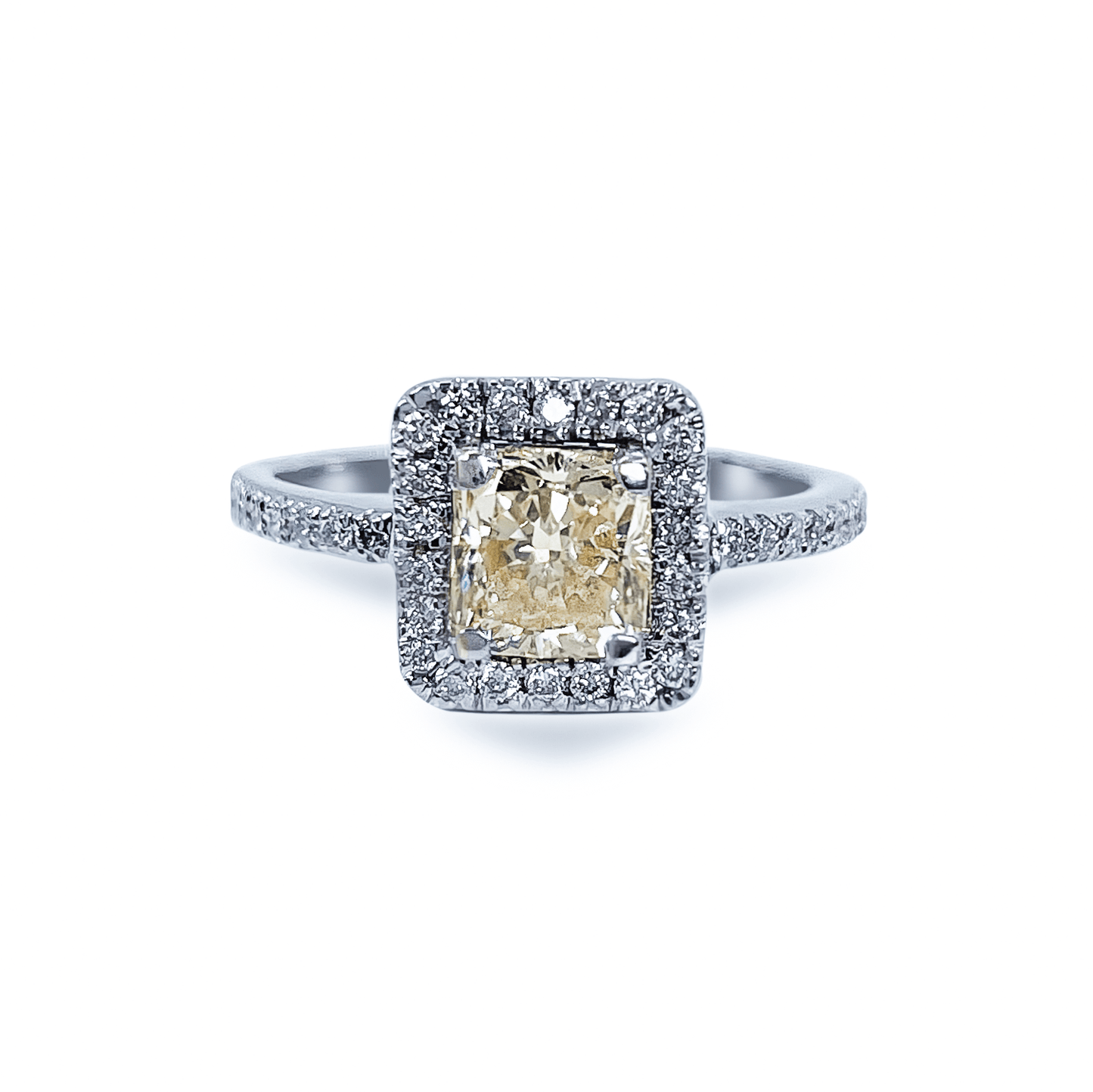 1.09 ct Light Yellow Cushion Cut Diamond Ring with Diamond Halo in 18k White Gold- جرس - Luxury Diamond Jewelry shop Dubai - SABA DIAMONDS