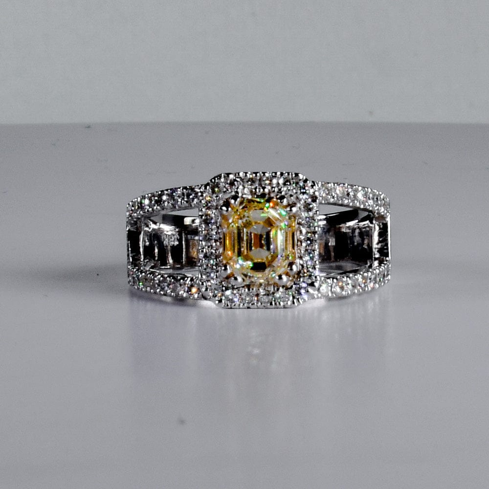 1.16ct Fancy Light Yellow Emerald Cut Diamond With Diamond Halo in 18k White Gold- جرس - Luxury Diamond Jewelry shop Dubai - SABA DIAMONDS