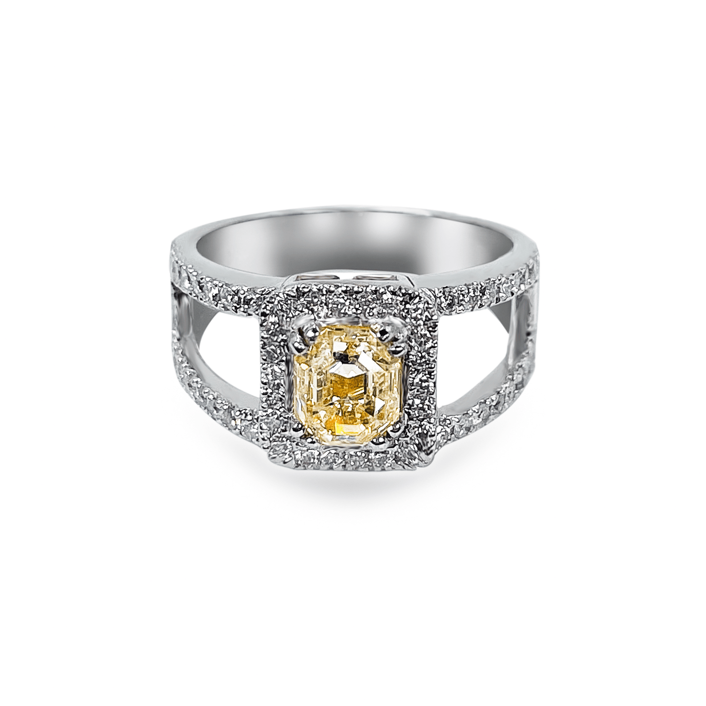 1.16ct Fancy Light Yellow Emerald Cut Diamond With Diamond Halo in 18k White Gold- جرس - Luxury Diamond Jewelry shop Dubai - SABA DIAMONDS