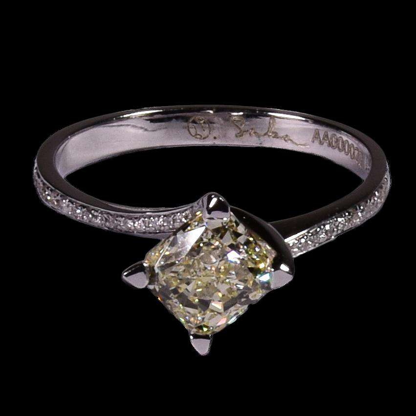 1.36ct Cushion Cut Yellow Diamond in 18k White Gold and Diamond Twisting Band - saba diamonds