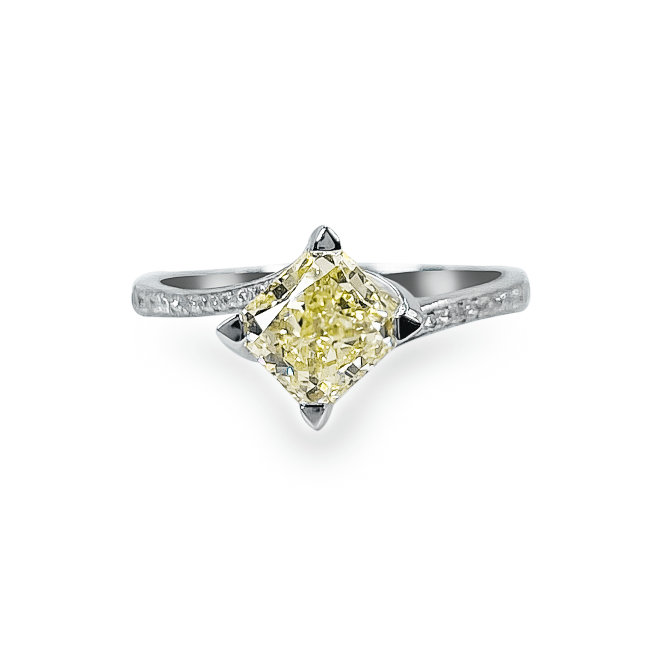 1.36ct Cushion Cut Yellow Diamond in 18k White Gold and Diamond Twisting Band- جرس - Luxury Diamond Jewelry shop Dubai - SABA DIAMONDS