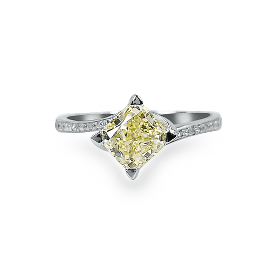 1.36ct Cushion Cut Yellow Diamond in 18k White Gold and Diamond Twisting Band- جرس - Luxury Diamond Jewelry shop Dubai - SABA DIAMONDS
