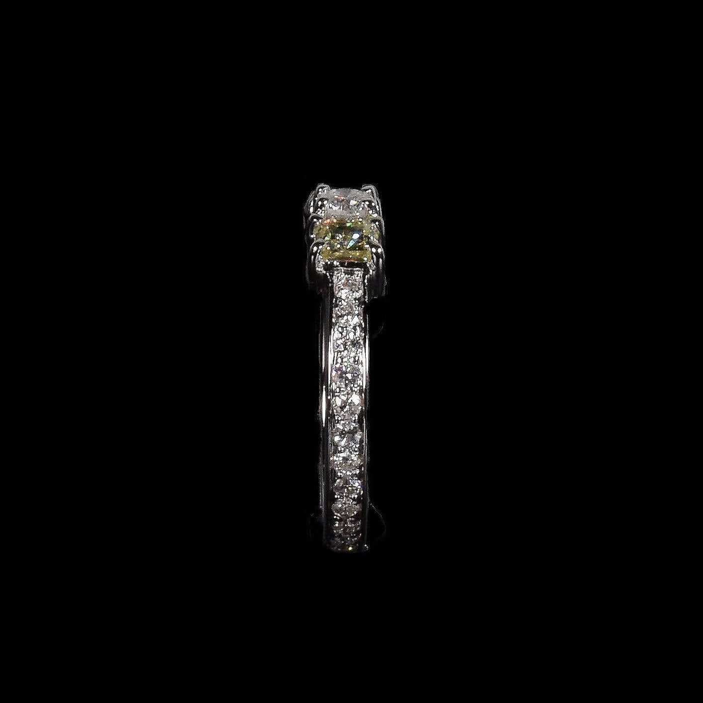 1.41 ctw 3-Stone Fancy Yellow Cushion and Round Brilliant Diamond in 18k White Gold - saba diamonds