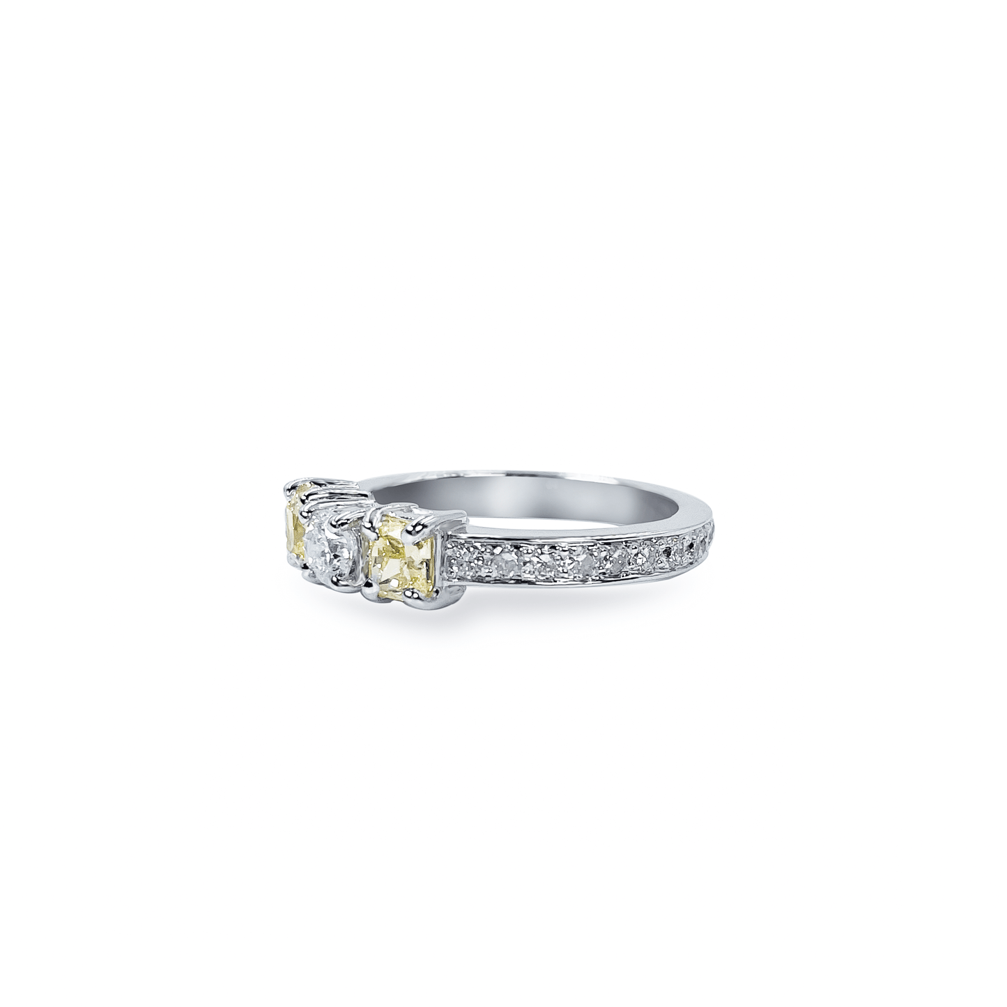 1.41 Ctw 3-Stone Fancy Yellow Cushion and Round Brilliant Diamond in 18k White Gold- جرس - Luxury Diamond Jewelry shop Dubai - SABA DIAMONDS