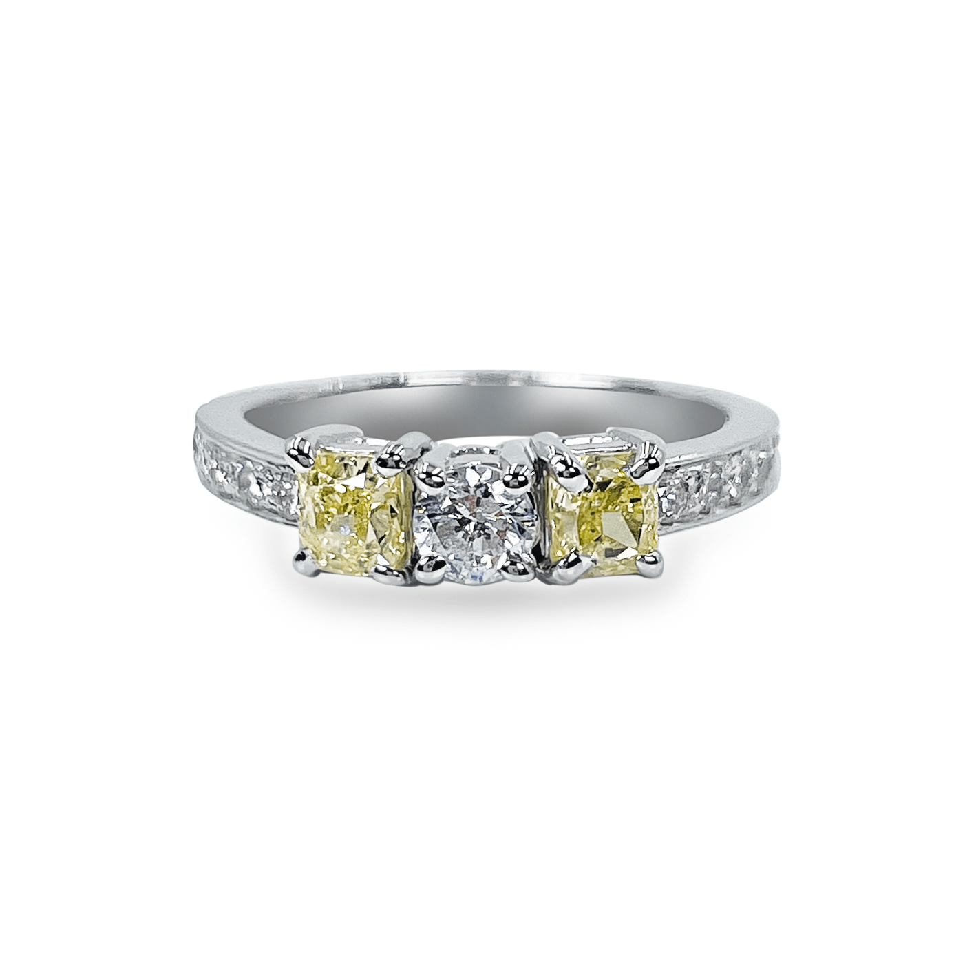 1.41 Ctw 3-Stone Fancy Yellow Cushion and Round Brilliant Diamond in 18k White Gold- جرس - Luxury Diamond Jewelry shop Dubai - SABA DIAMONDS