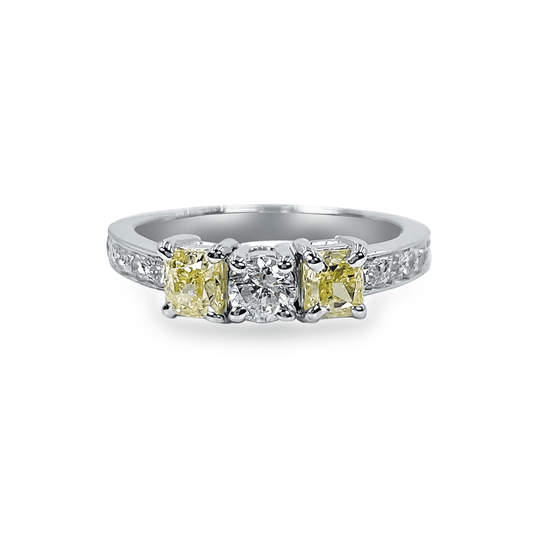 1.41 Ctw 3-Stone Fancy Yellow Cushion and Round Brilliant Diamond in 18k White Gold- جرس - Luxury Diamond Jewelry shop Dubai - SABA DIAMONDS