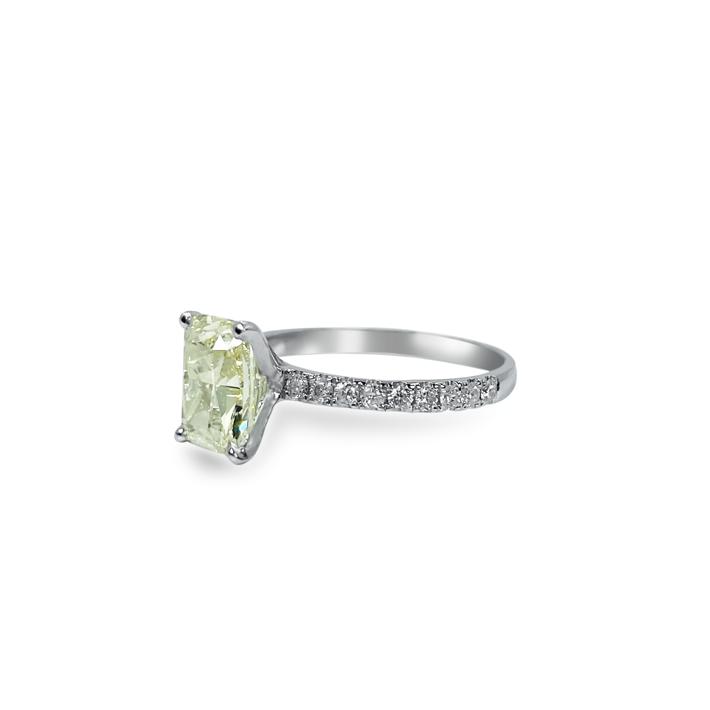 1.59 ct Yellow Cushion Cut Diamond Solitaire with Half Diamond Band in 18k White Gold- جرس - Luxury Diamond Jewelry shop Dubai - SABA DIAMONDS
