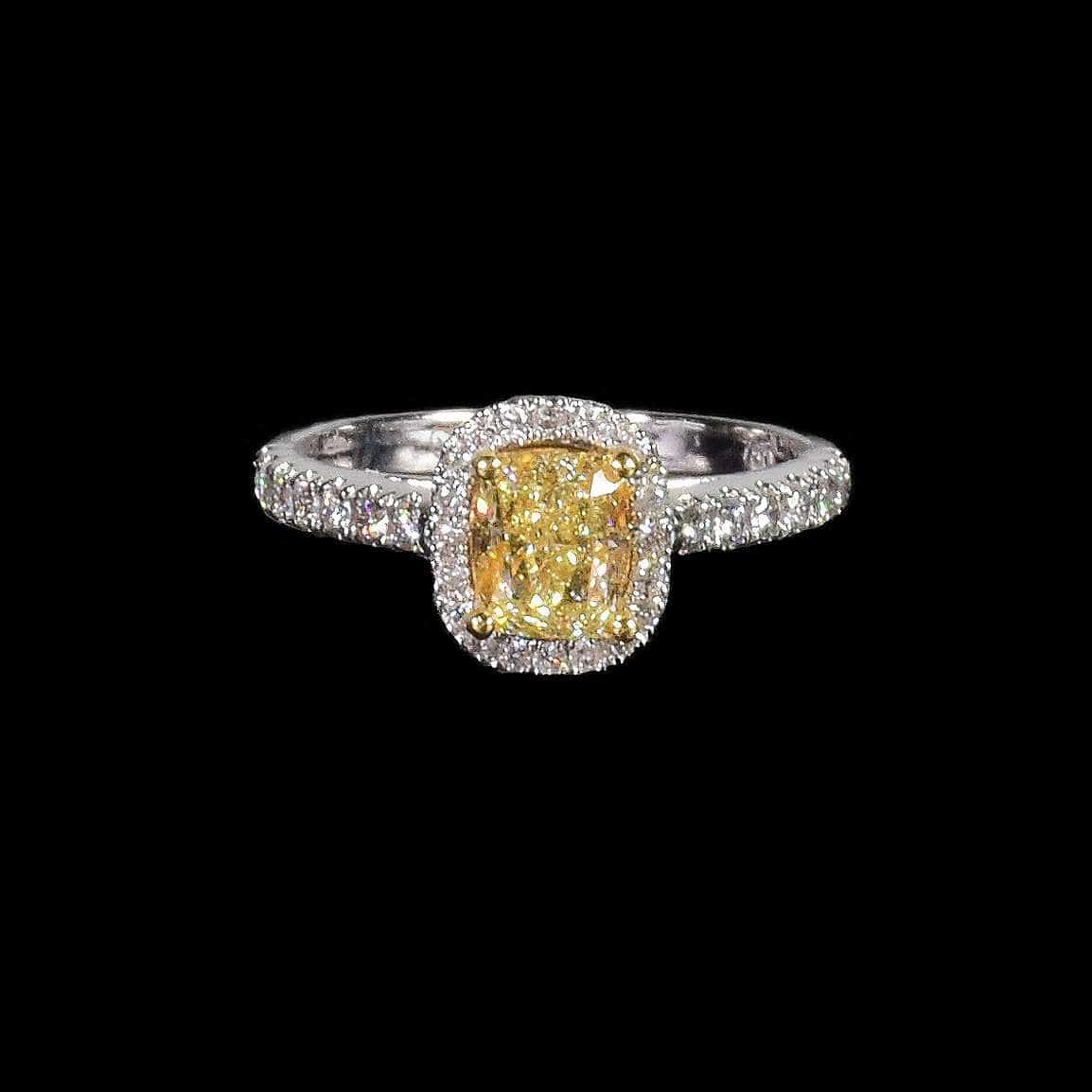 1ct Fancy Yellow Cushion Cut Diamond with Diamond Halo in 18k White Gold - saba diamonds