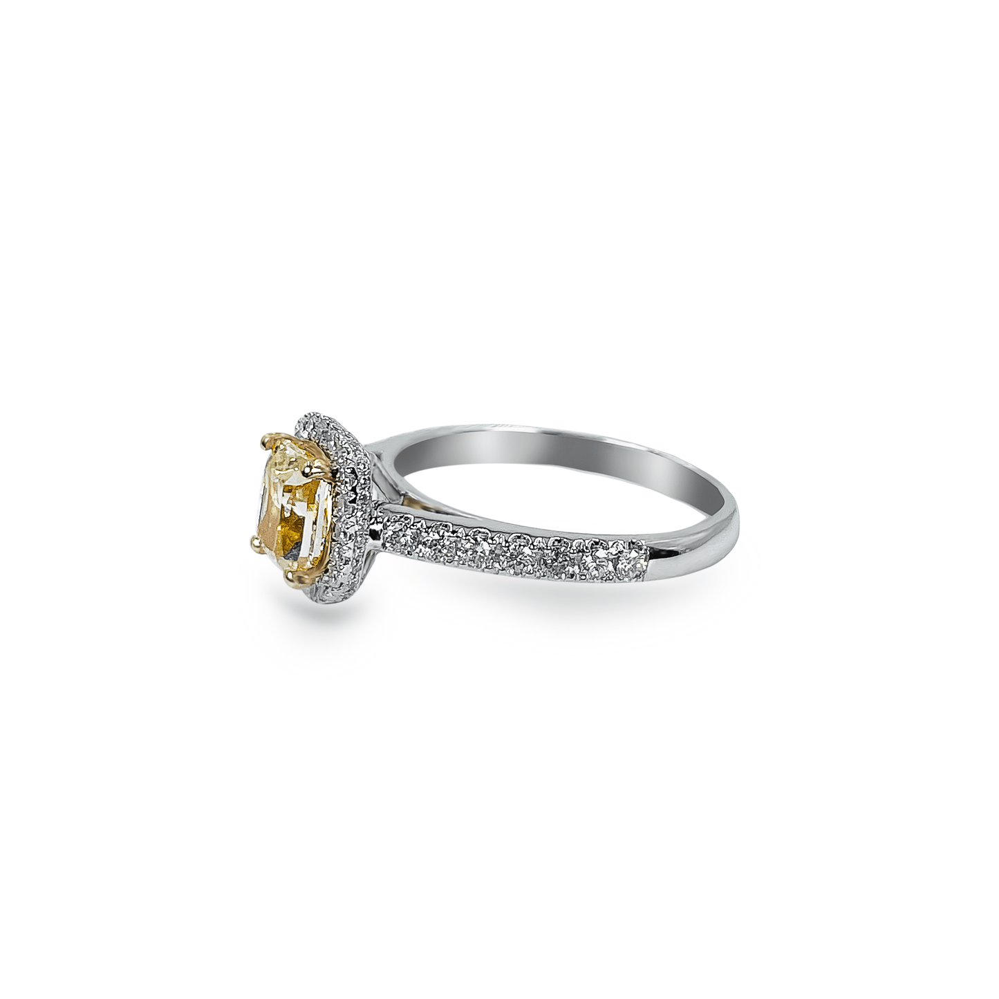 1 Ct Fancy Yellow Cushion Cut Diamond with Diamond Halo in 18k White Gold- جرس - Luxury Diamond Jewelry shop Dubai - SABA DIAMONDS