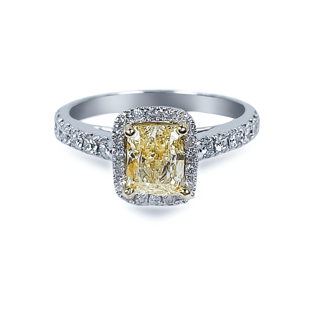 1 Ct Fancy Yellow Cushion Cut Diamond with Diamond Halo in 18k White Gold- جرس - Luxury Diamond Jewelry shop Dubai - SABA DIAMONDS