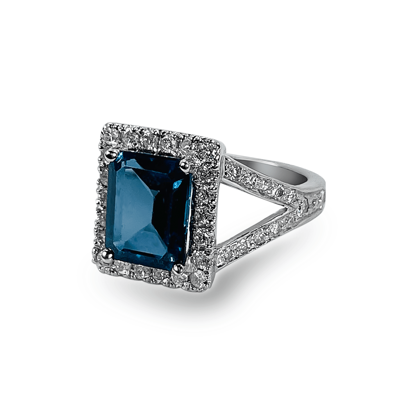 Emerald Cut Blue Topaz with Diamond Halo Ring- جرس - Luxury Diamond Jewelry shop Dubai - SABA DIAMONDS