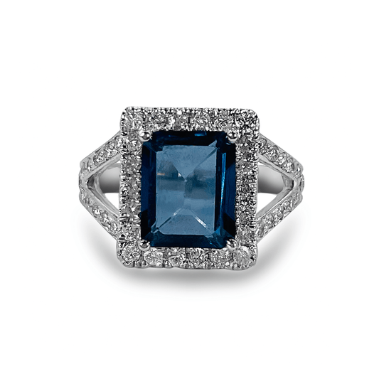 Emerald Cut Blue Topaz with Diamond Halo Ring- جرس - Luxury Diamond Jewelry shop Dubai - SABA DIAMONDS