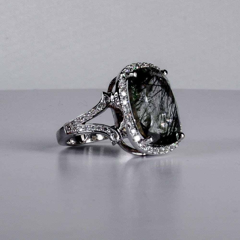 Green Rutilated Quartz Ring with Diamond Halo- جرس - Luxury Diamond Jewelry shop Dubai - SABA DIAMONDS