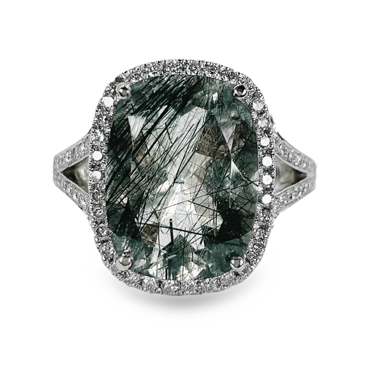 Green Rutilated Quartz Ring with Diamond Halo- جرس - Luxury Diamond Jewelry shop Dubai - SABA DIAMONDS