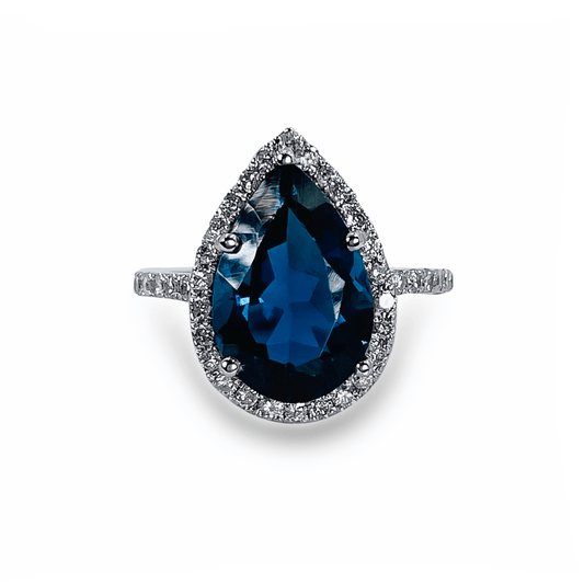 Pear Shaped Blue topaz Halo with Diamonds on Band- جرس - Luxury Diamond Jewelry shop Dubai - SABA DIAMONDS