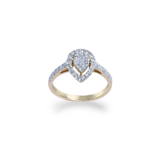 Yellow gold pear illusion with halo ring 2.65g 0.56 cts - جرس - Luxury Diamond Jewelry shop Dubai - SABA DIAMONDS