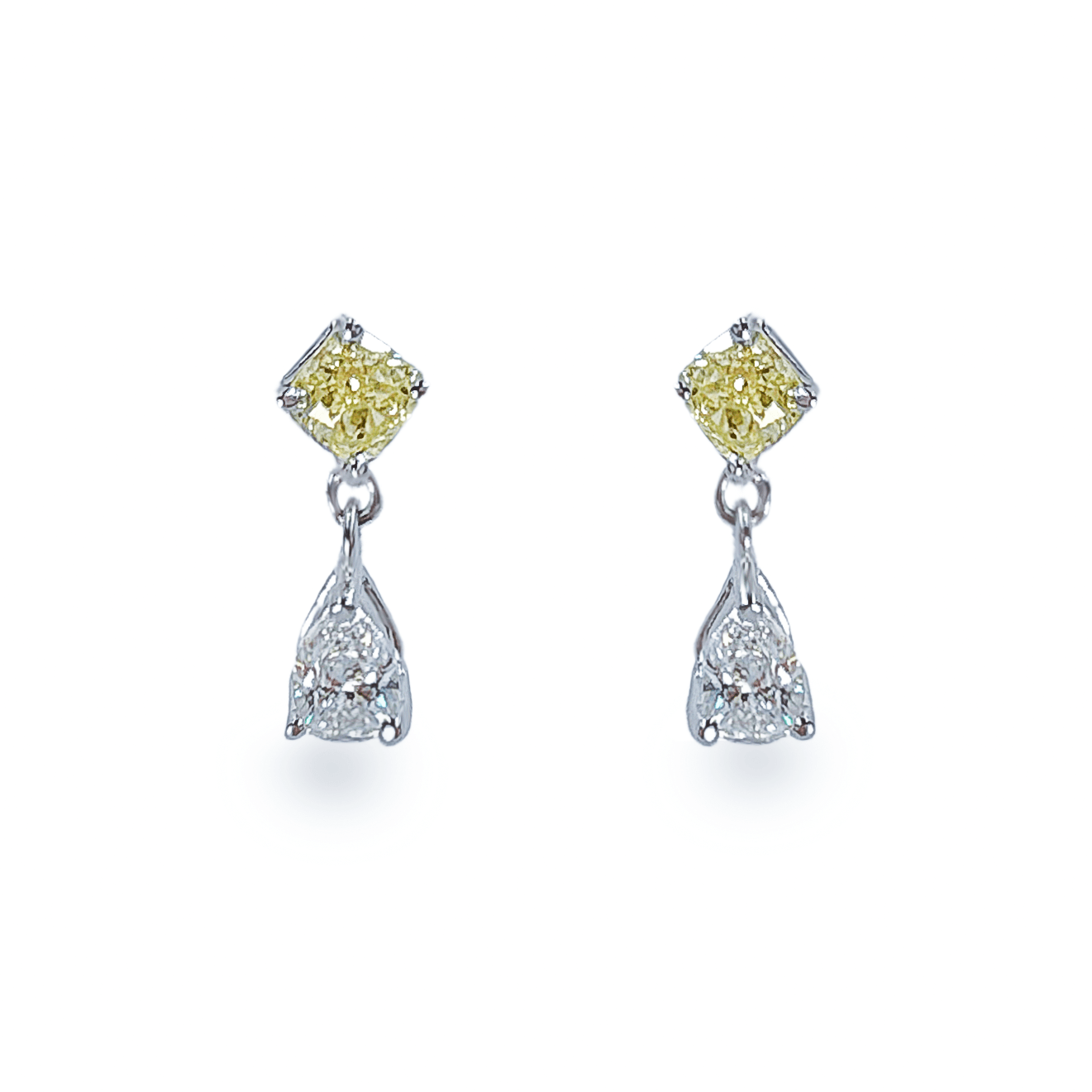 Yellow Cushion and White Pear Diamond Earrings - أقراط - Luxury Diamond Jewelry shop Dubai - SABA DIAMONDS