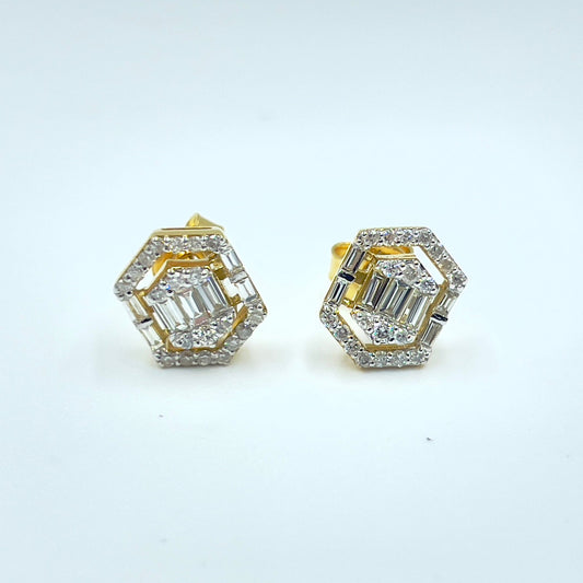 Yellow gold hexagon illusion with halo earrings 2.17g 0.54 cts - أقراط - Luxury Diamond Jewelry shop Dubai - SABA DIAMONDS