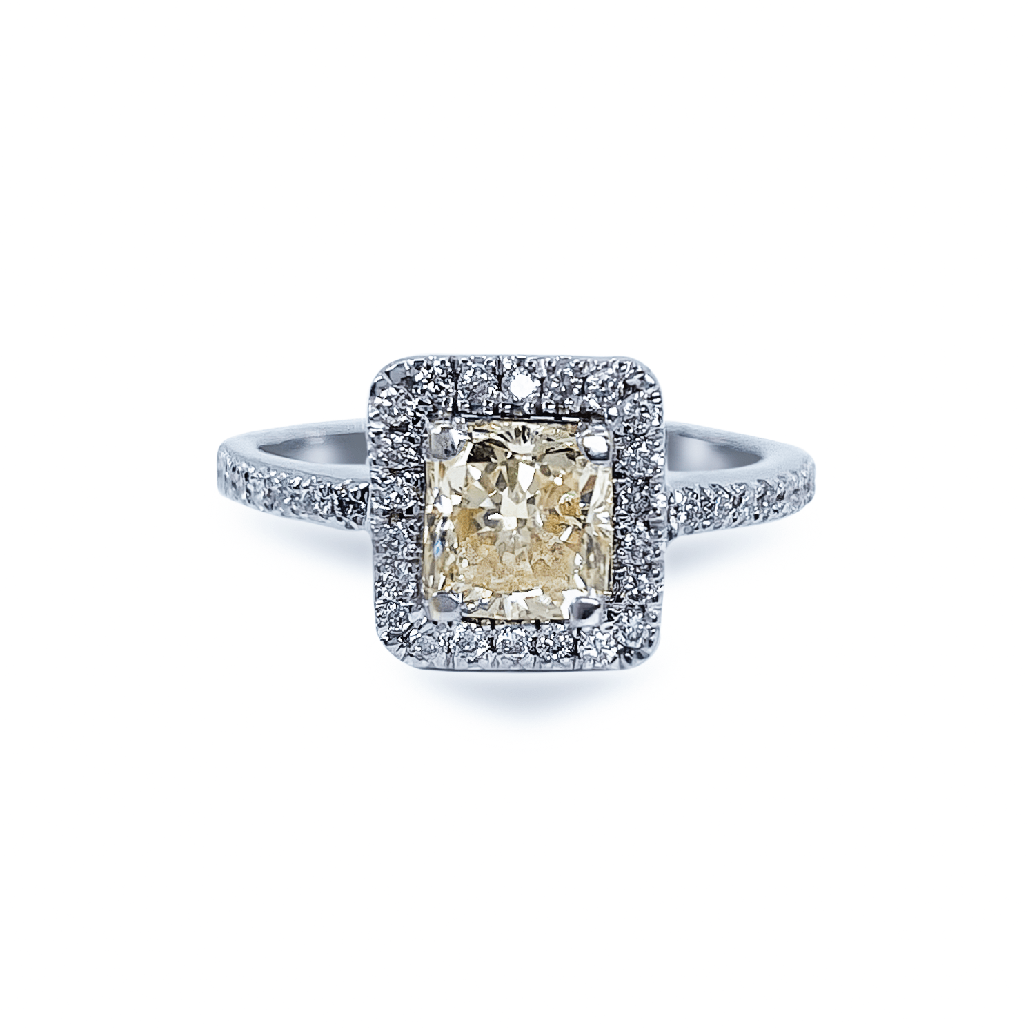 1.09 ct Light Yellow Cushion Cut Diamond Ring with Diamond Halo in 18k White Gold- جرس - Luxury Diamond Jewelry shop Dubai - SABA DIAMONDS