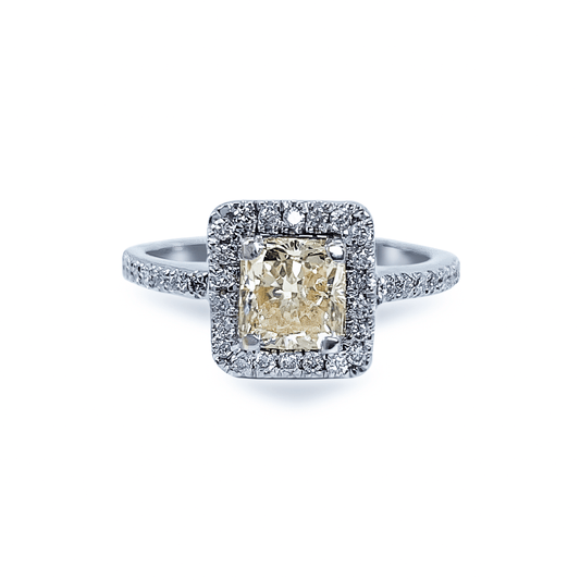 1.09 ct Light Yellow Cushion Cut Diamond Ring with Diamond Halo in 18k White Gold- جرس - Luxury Diamond Jewelry shop Dubai - SABA DIAMONDS