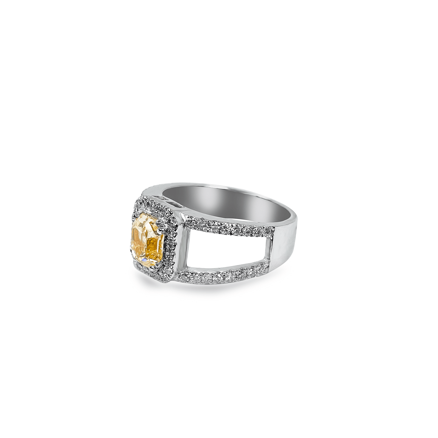 1.16ct Fancy Light Yellow Emerald Cut Diamond With Diamond Halo in 18k White Gold- جرس - Luxury Diamond Jewelry shop Dubai - SABA DIAMONDS
