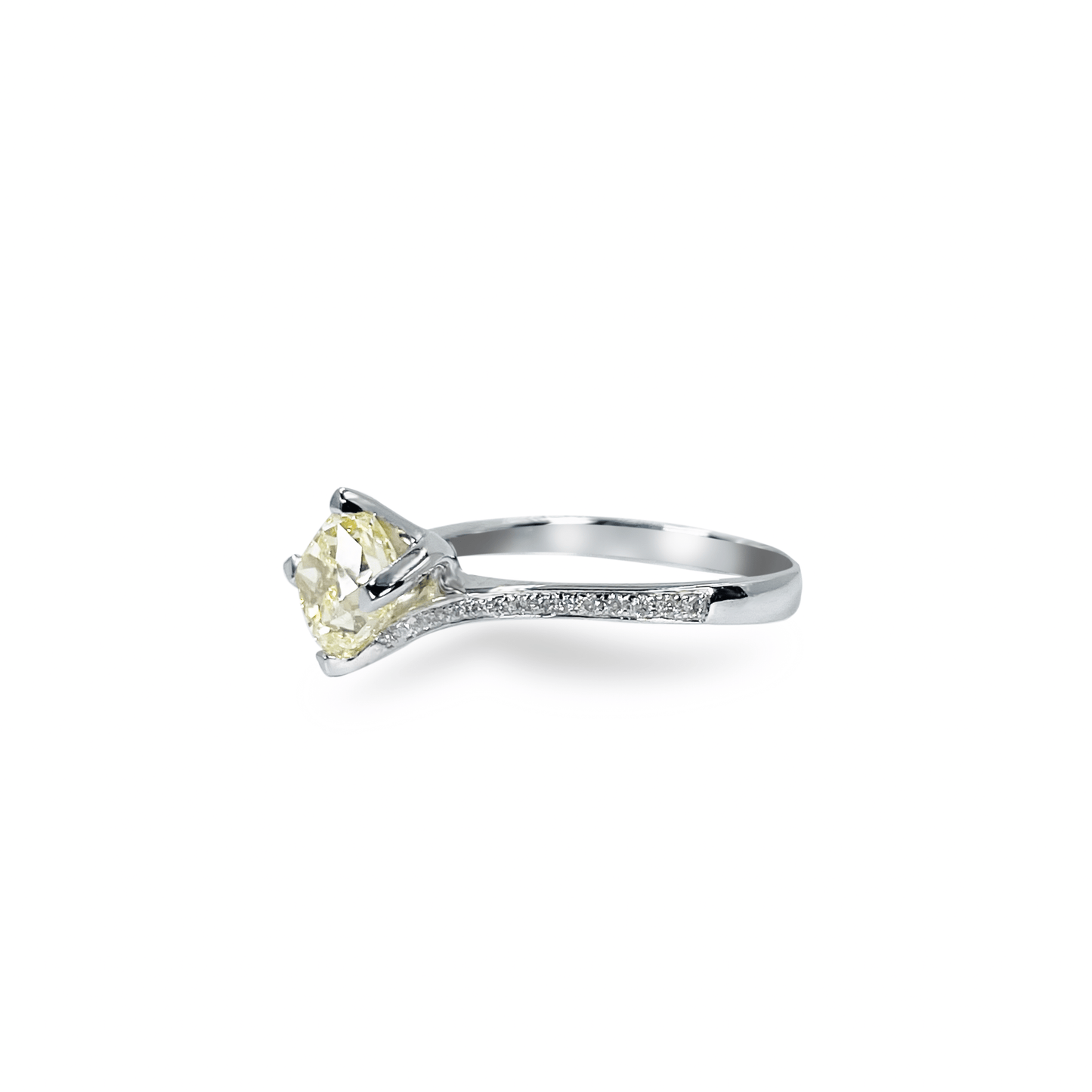 1.36ct Cushion Cut Yellow Diamond in 18k White Gold and Diamond Twisting Band- جرس - Luxury Diamond Jewelry shop Dubai - SABA DIAMONDS