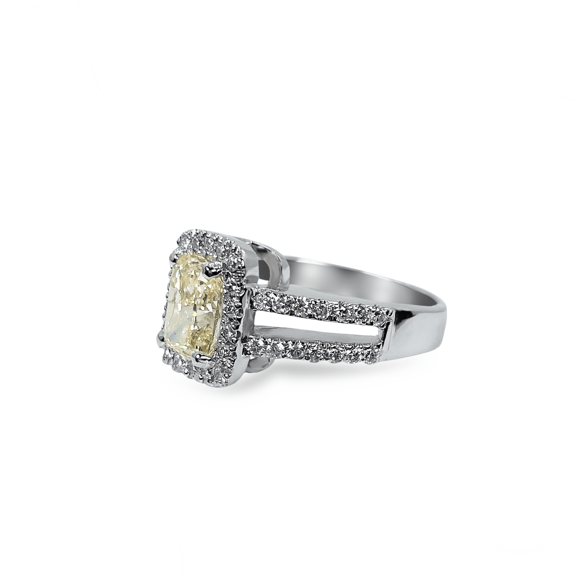 1.52ct Cushion Cut Light Yellow Diamond With Diamond Halo in 18k White Gold- جرس - Luxury Diamond Jewelry shop Dubai - SABA DIAMONDS
