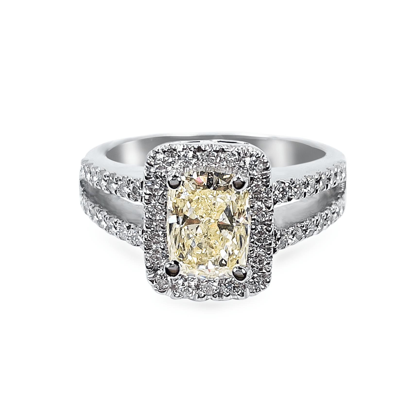 1.52ct Cushion Cut Light Yellow Diamond With Diamond Halo in 18k White Gold- جرس - Luxury Diamond Jewelry shop Dubai - SABA DIAMONDS
