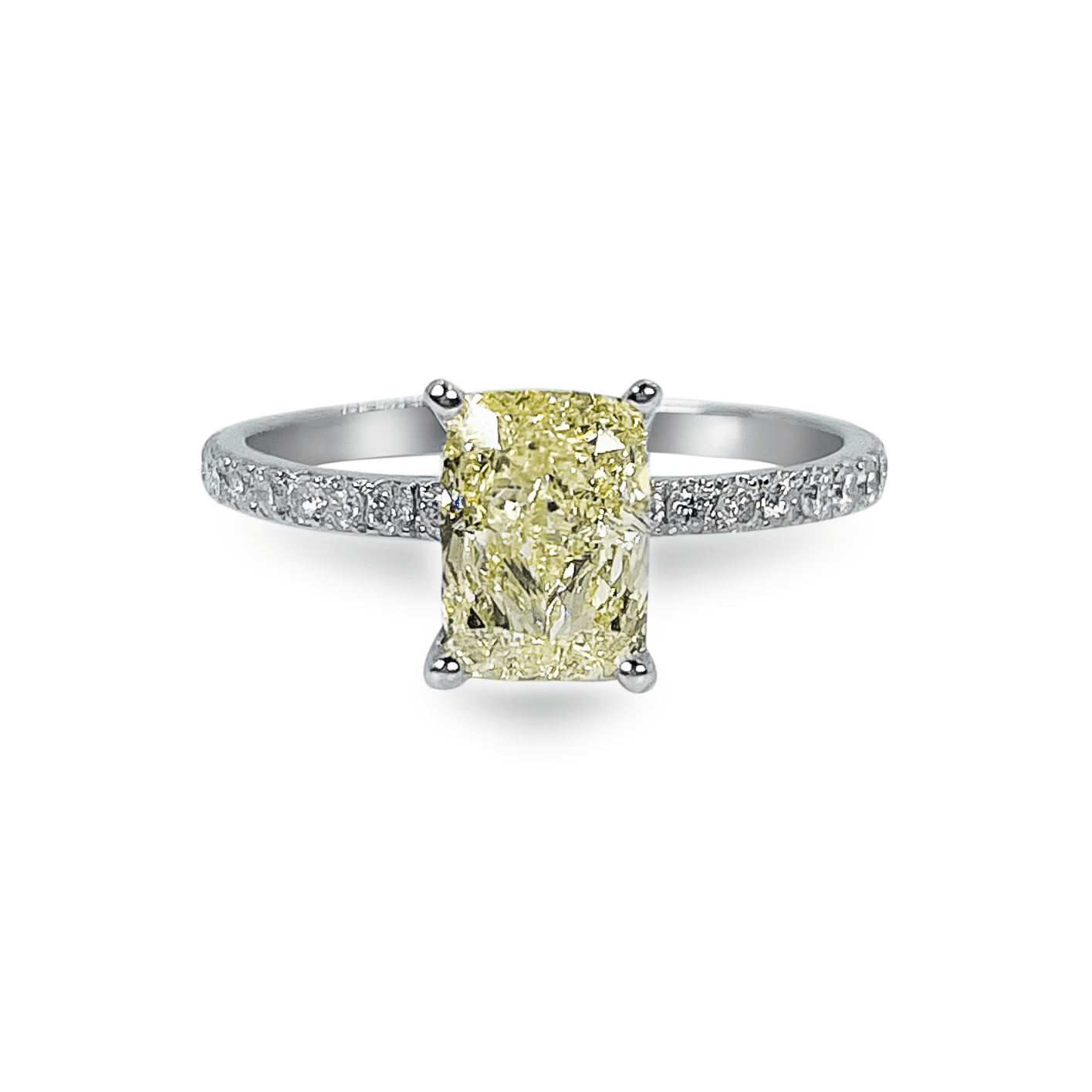 1.59 ct Yellow Cushion Cut Diamond Solitaire with Half Diamond Band in 18k White Gold- جرس - Luxury Diamond Jewelry shop Dubai - SABA DIAMONDS