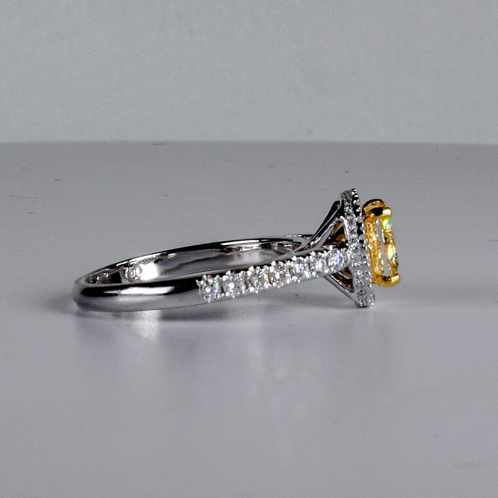 1 Ct Fancy Yellow Cushion Cut Diamond with Diamond Halo in 18k White Gold- جرس - Luxury Diamond Jewelry shop Dubai - SABA DIAMONDS