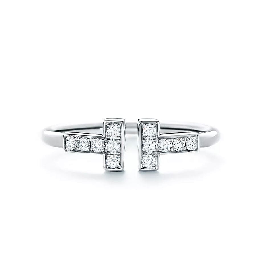 Double T Ring in 18k White Gold 0.16 ctw- جرس - Luxury Diamond Jewelry shop Dubai - SABA DIAMONDS