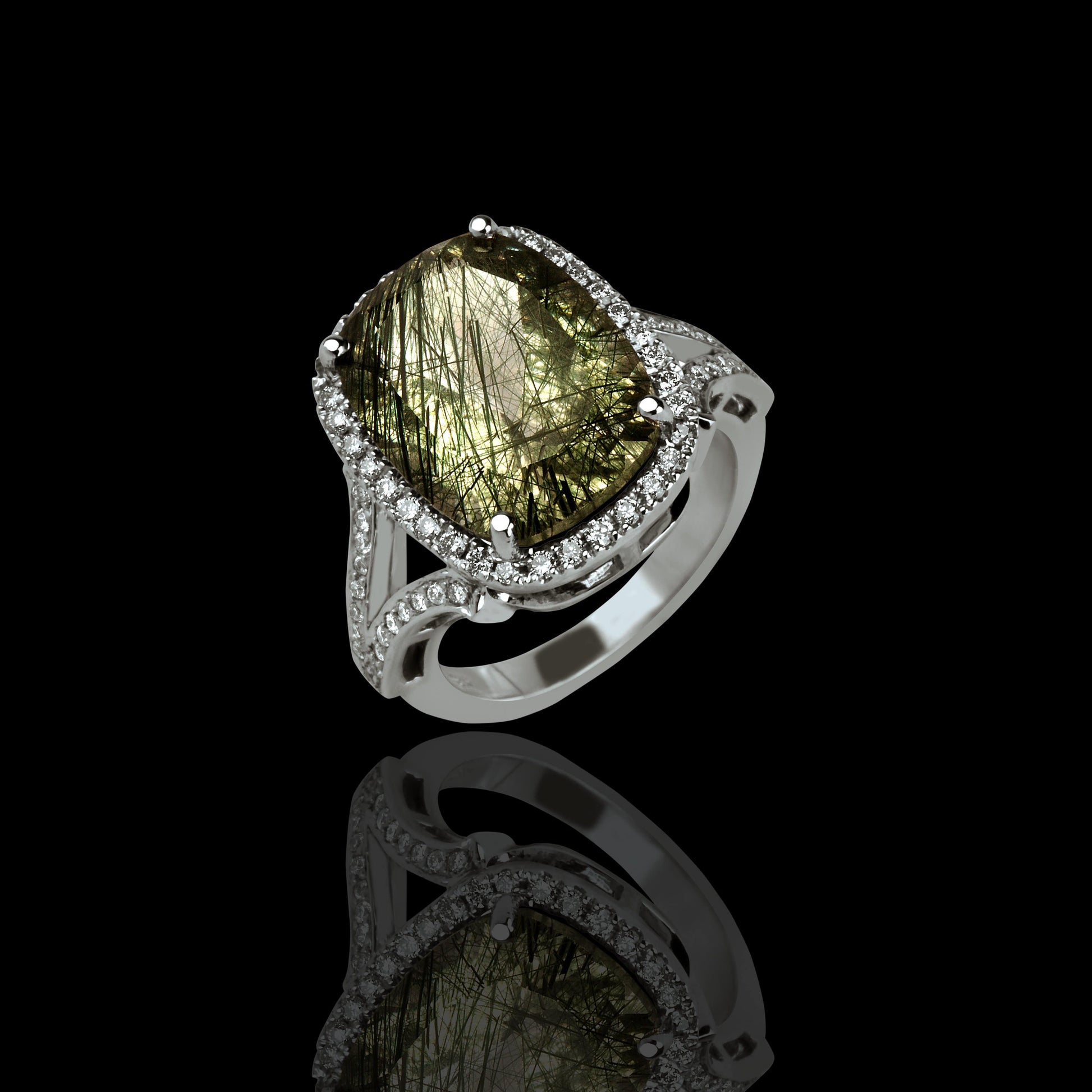 Green Rutilated Quartz Ring with Diamond Halo - saba diamonds