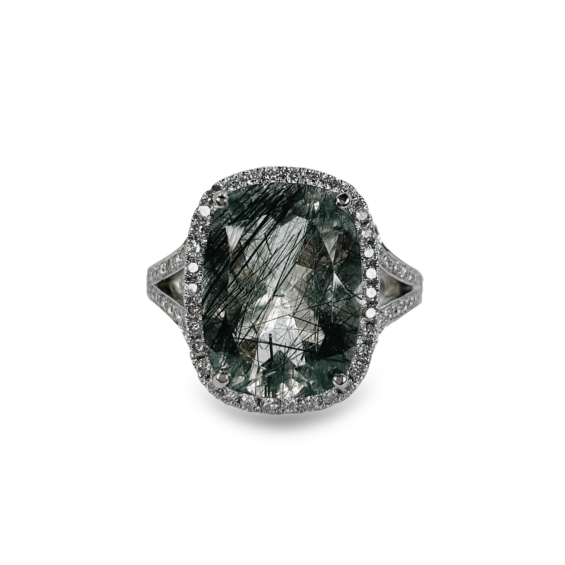 Green Rutilated Quartz Ring with Diamond Halo- جرس - Luxury Diamond Jewelry shop Dubai - SABA DIAMONDS