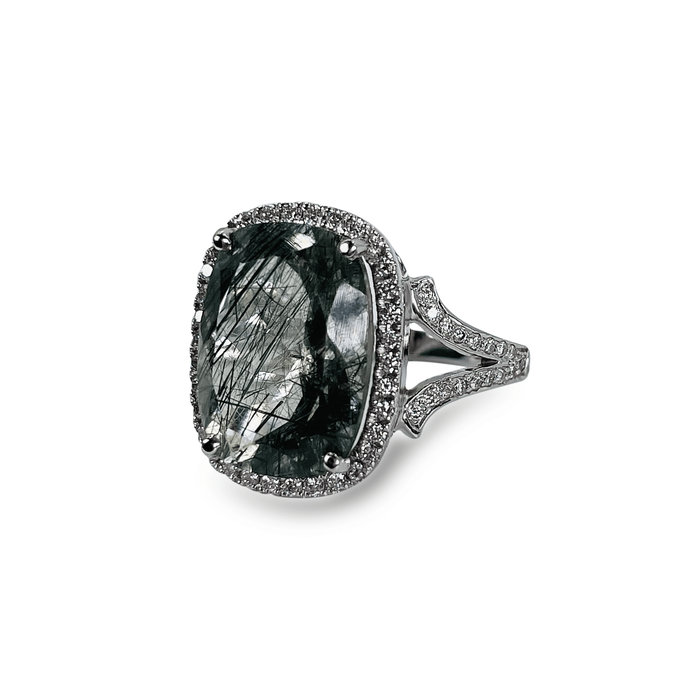 Green Rutilated Quartz Ring with Diamond Halo- جرس - Luxury Diamond Jewelry shop Dubai - SABA DIAMONDS